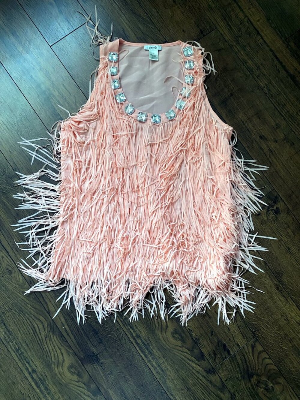 Cache Fringe Top Pink Rhinestone Neckline Sleeveless Size XS